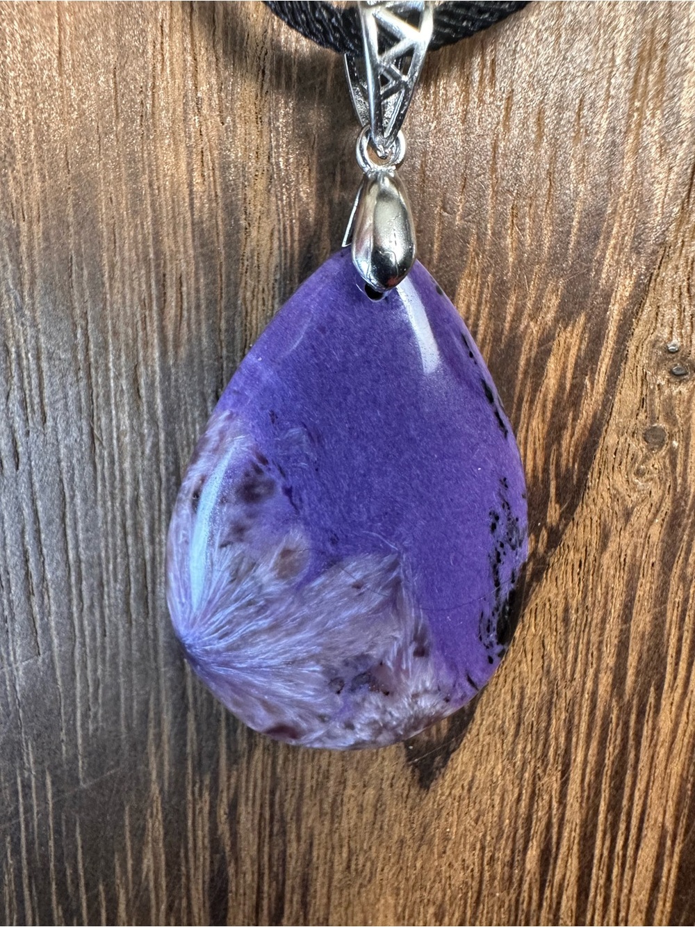 Charoite Teardrop Necklace on Sterling Silver Bail and Black Rope - Picture 10 of 14